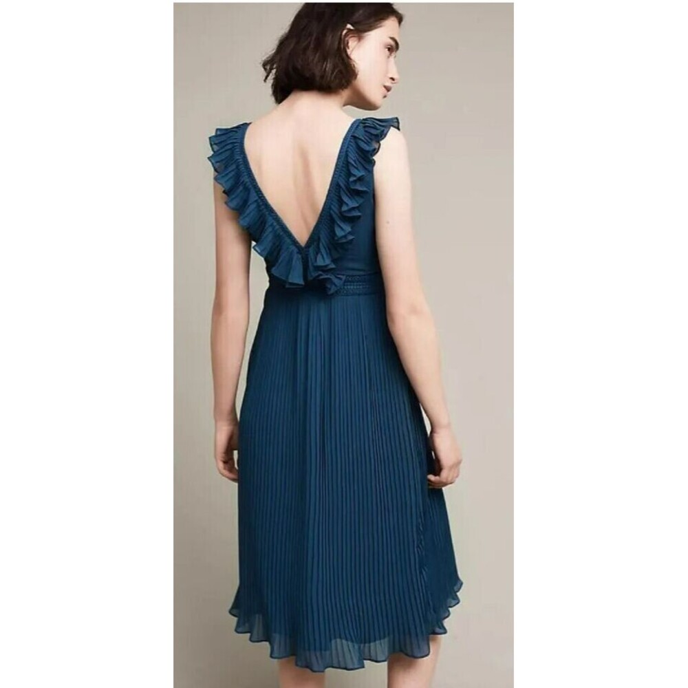 Anthropologie PL Pleated Isere Ruffled Blue V-Neck Dress by Lucy Paris - Picture 3 of 9